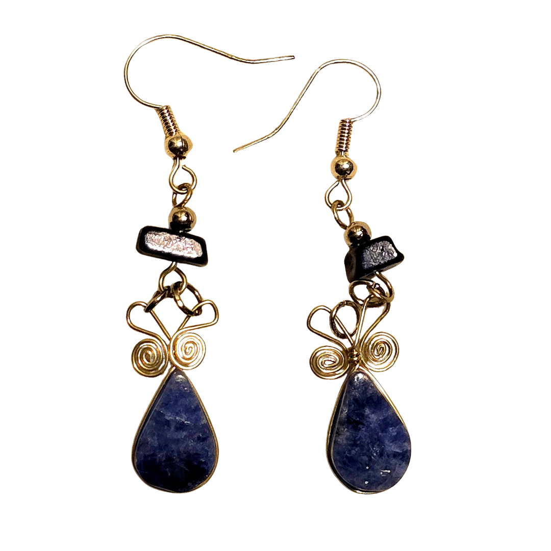 Sodalite teardrop stone and silver wire earrings - made by Peruvian Amazon artisan