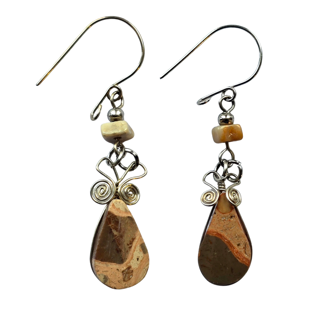 Leopard Jasper teardrop stone and silver wire earrings - from the Peruvian Amazon