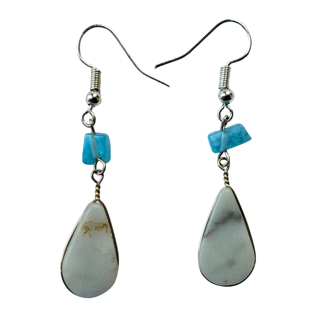 Celestine teardrop stone and silver wire earrings - made by Peruvian Amazon artisan