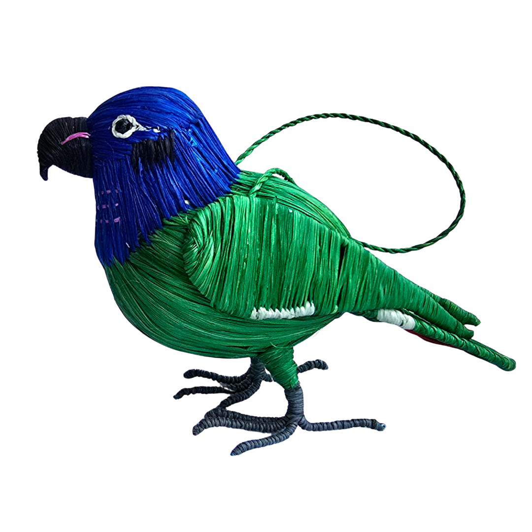BLUE-HEADED PARROT BIRD - FAIR-TRADE CHRISTMAS TREE ORNAMENT - WOVEN BY PERUVIAN AMAZON ARTISAN