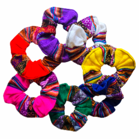 Colorful mantel pattern cotton scrunchies - made by artisan from Peruvian Amazon - Amazon Ecology