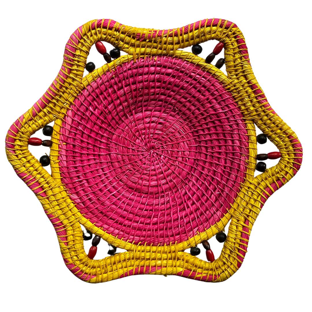 Raspberry and lemon fair-trade chambira basket from the Peruvian Amazon - Amazon Ecology