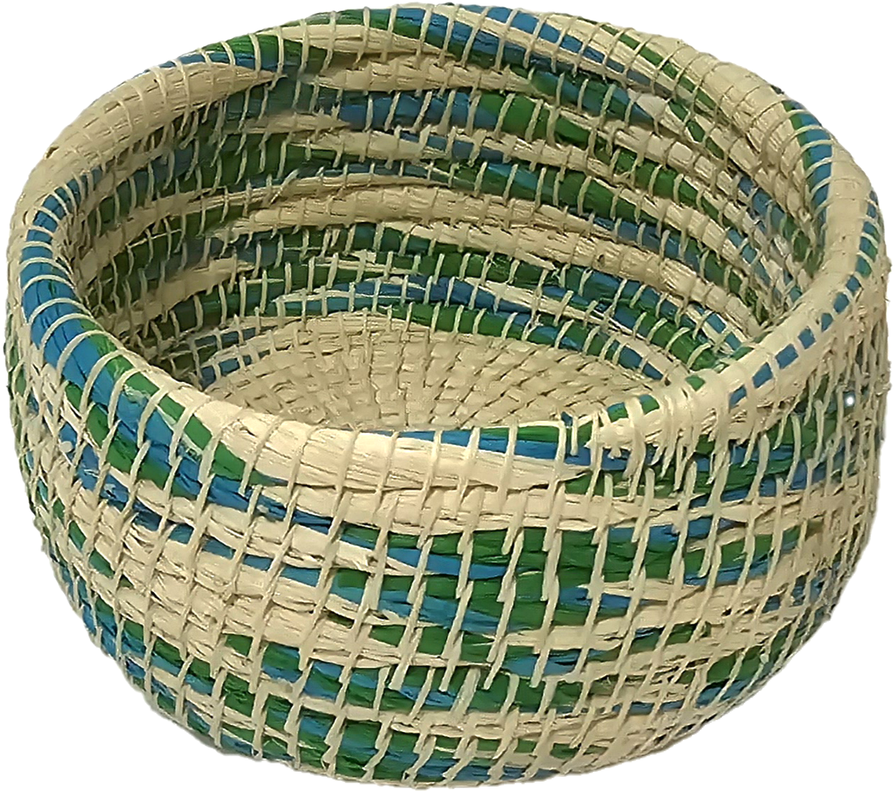 White chambira woven pots colored swirls with open top - handmade by Peruvian artisan - Amazon Ecology