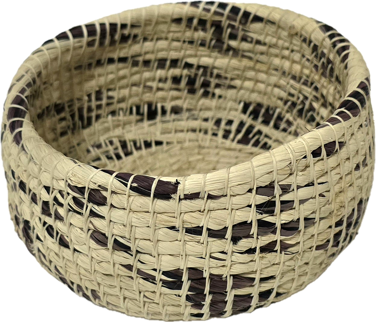 White chambira woven pots colored swirls with open top - handmade by Peruvian artisan - Amazon Ecology