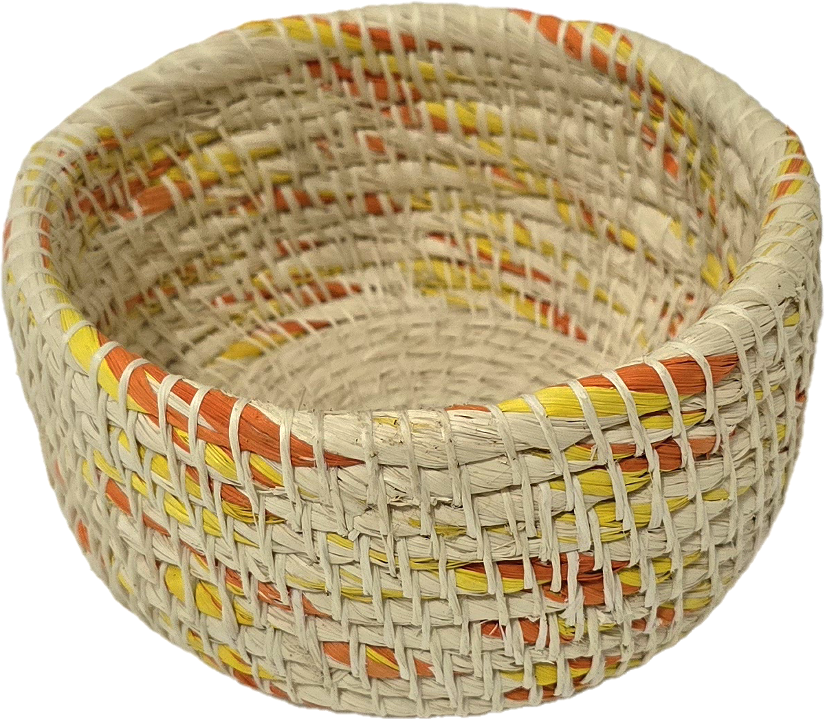White chambira woven pots colored swirls with open top - handmade by Peruvian artisan - Amazon Ecology