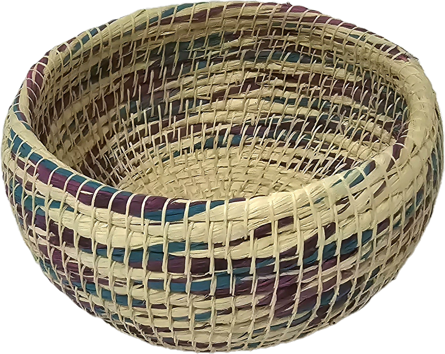 White chambira woven pots colored swirls with open top - handmade by Peruvian artisan - Amazon Ecology