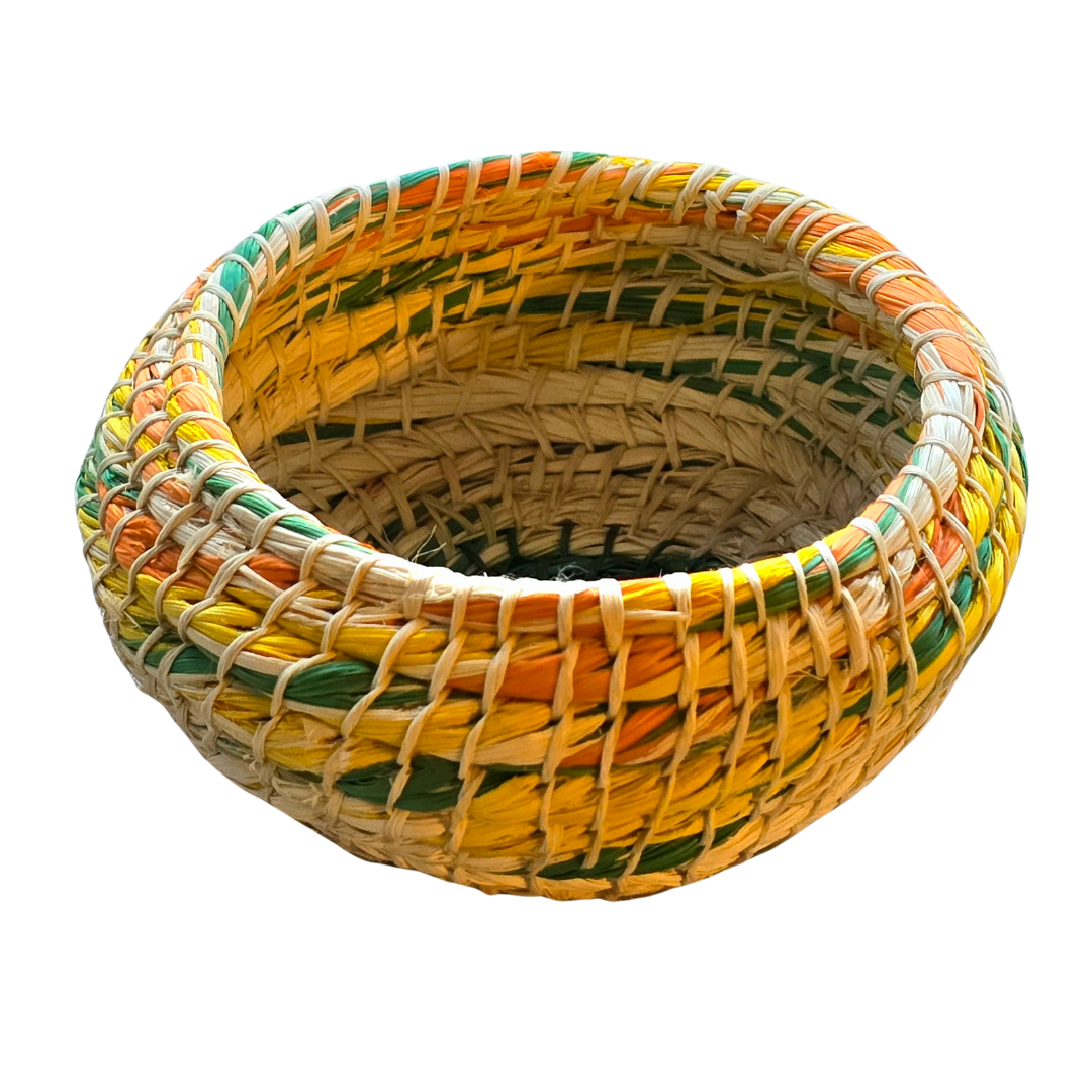 White chambira woven pots colored swirls with open top - handmade by Peruvian artisan - Amazon Ecology