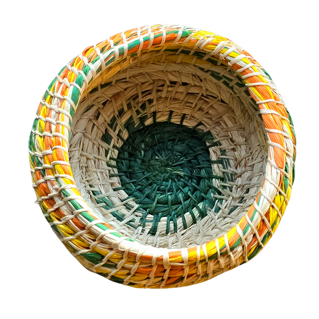 White chambira woven pots colored swirls with open top - handmade by Peruvian artisan - Amazon Ecology