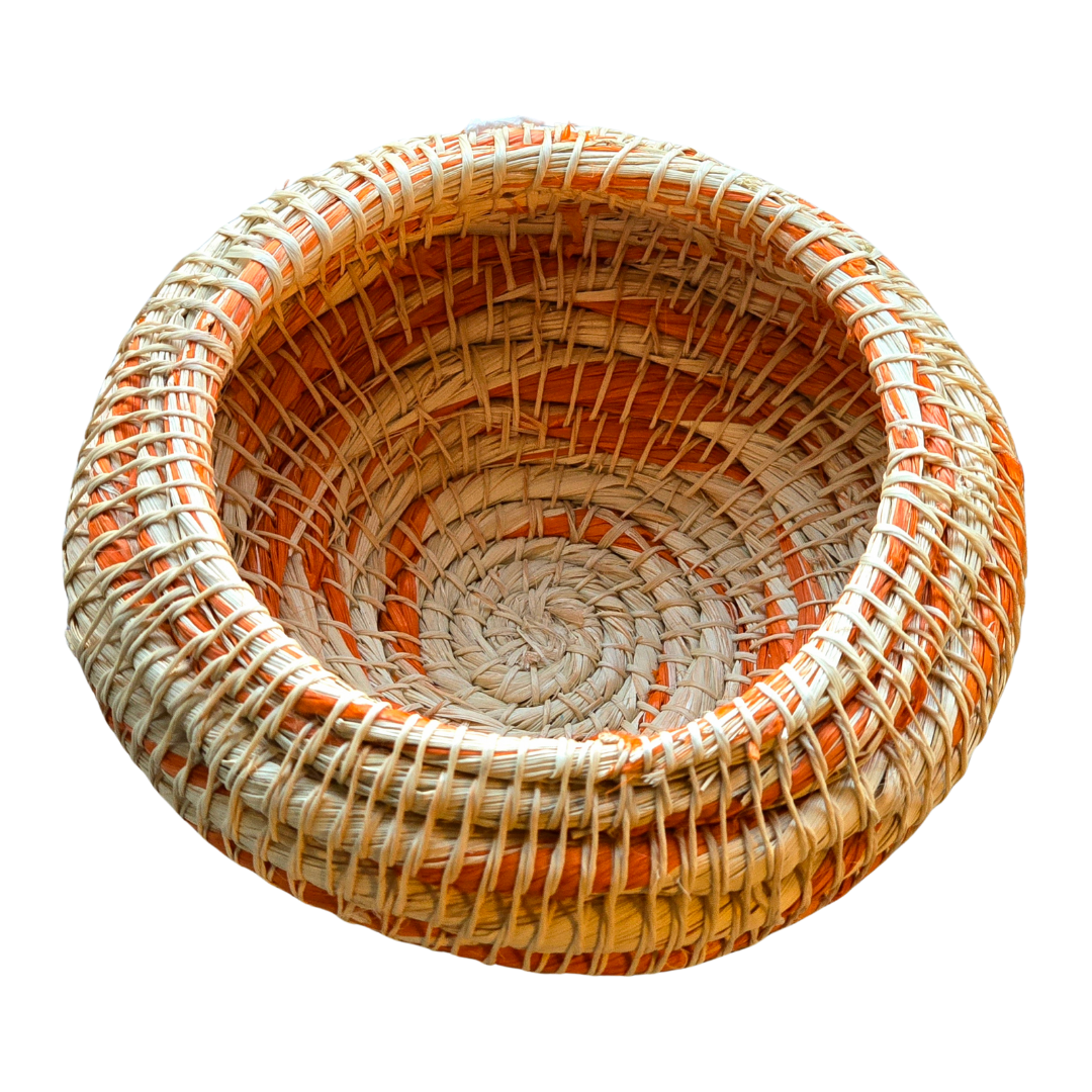 White chambira woven pots colored swirls with open top - handmade by Peruvian artisan - Amazon Ecology