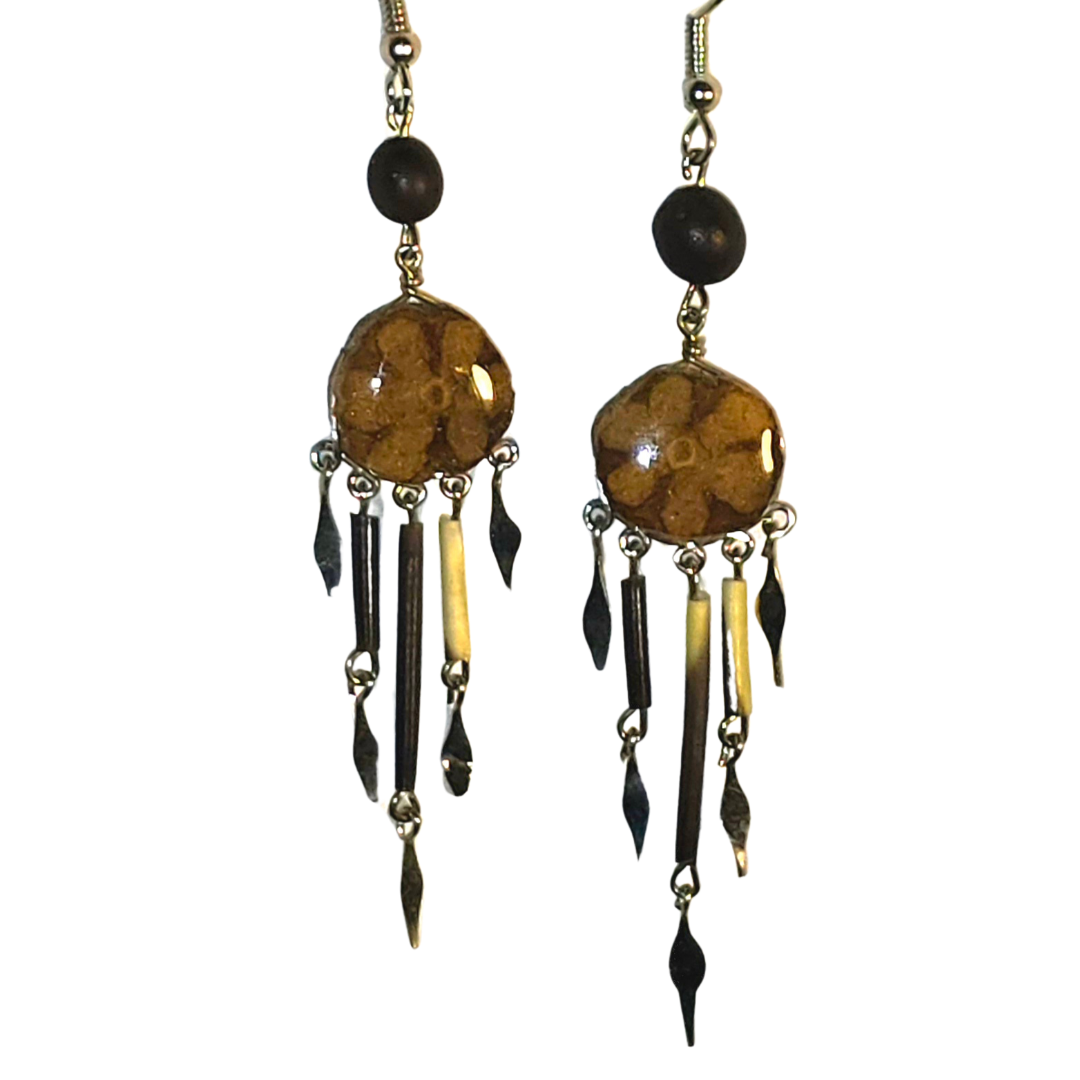 Ayahuasca vine earrings with quill dangles - made by Peruvian Amazon artisan - Amazon Ecology
