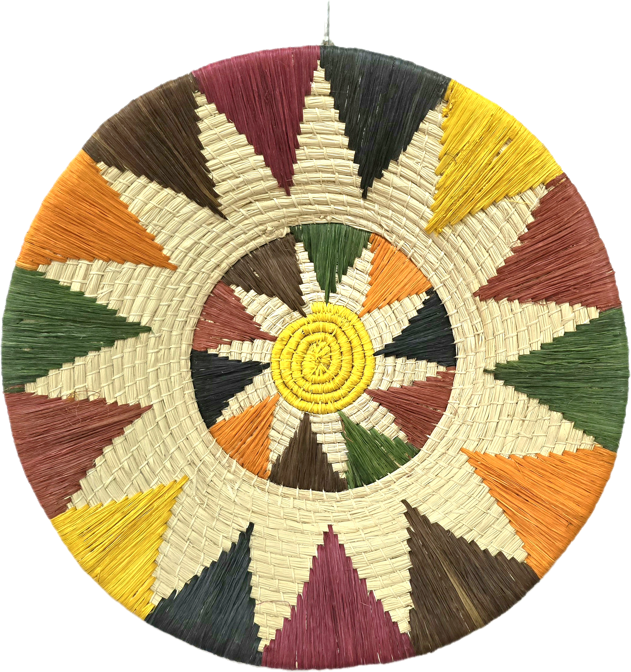 Yellow sun center and double earth-tone chevron ray Fair Trade Basket - Handmade by Peruvian Amazon artisan - Amazon Ecology