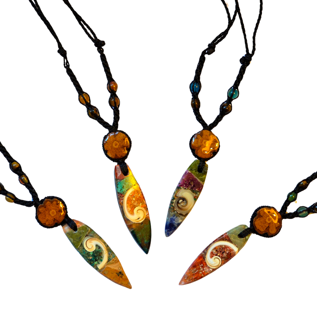 Ayahuasca, abalone and spearpoint stone necklace from the Peruvian Amazon - Amazon Ecology