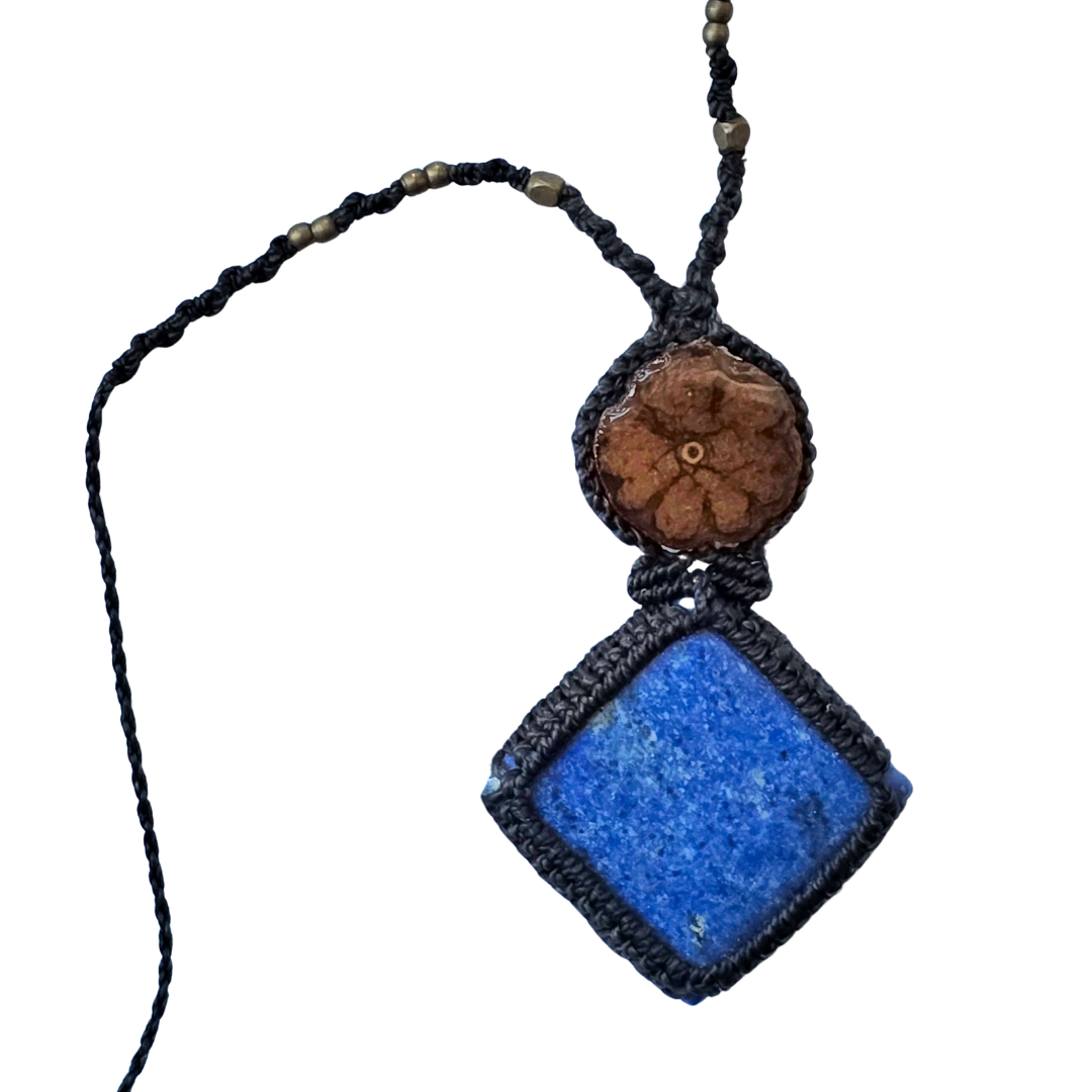 Lapis lazuli and ayahuasca vine macrame necklace from the Peruvian Amazon - Amazon Ecology