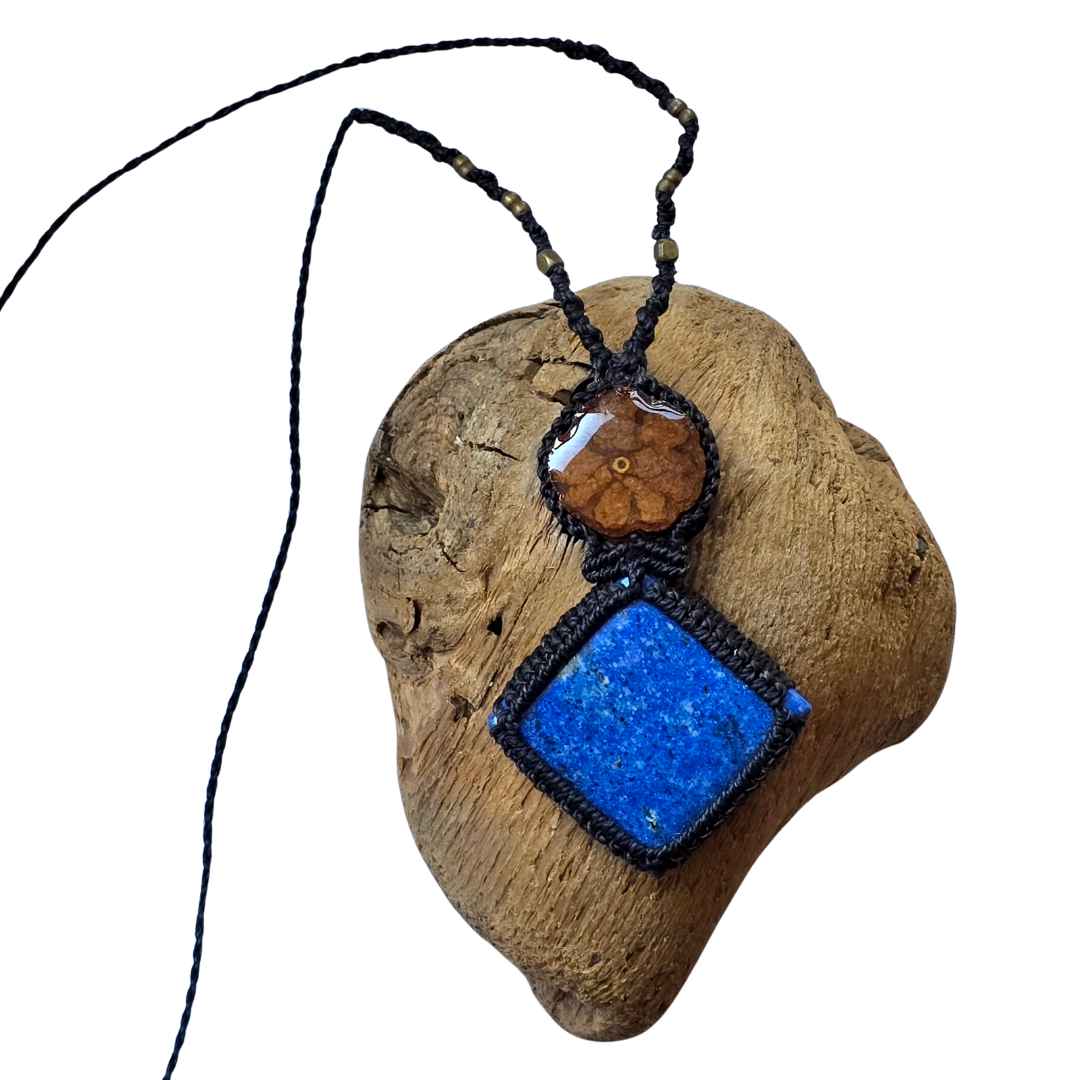 Lapis lazuli and ayahuasca vine macrame necklace from the Peruvian Amazon - Amazon Ecology