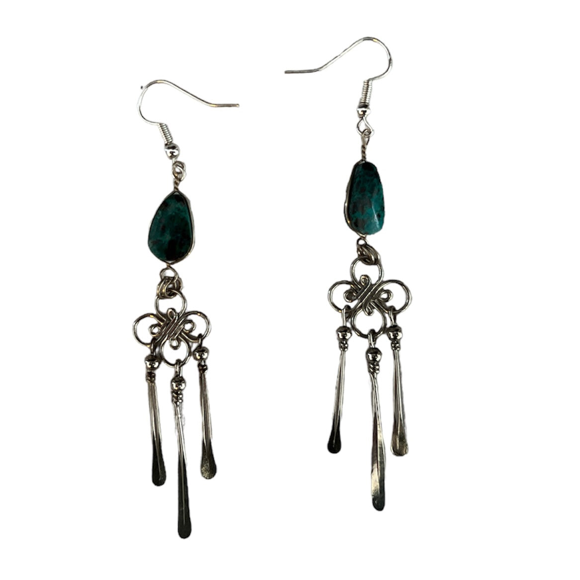 Dangly Silver and Peruvian Turquoise Earrings - Made by Peruvian Amazon Artisan - Amazon Ecology