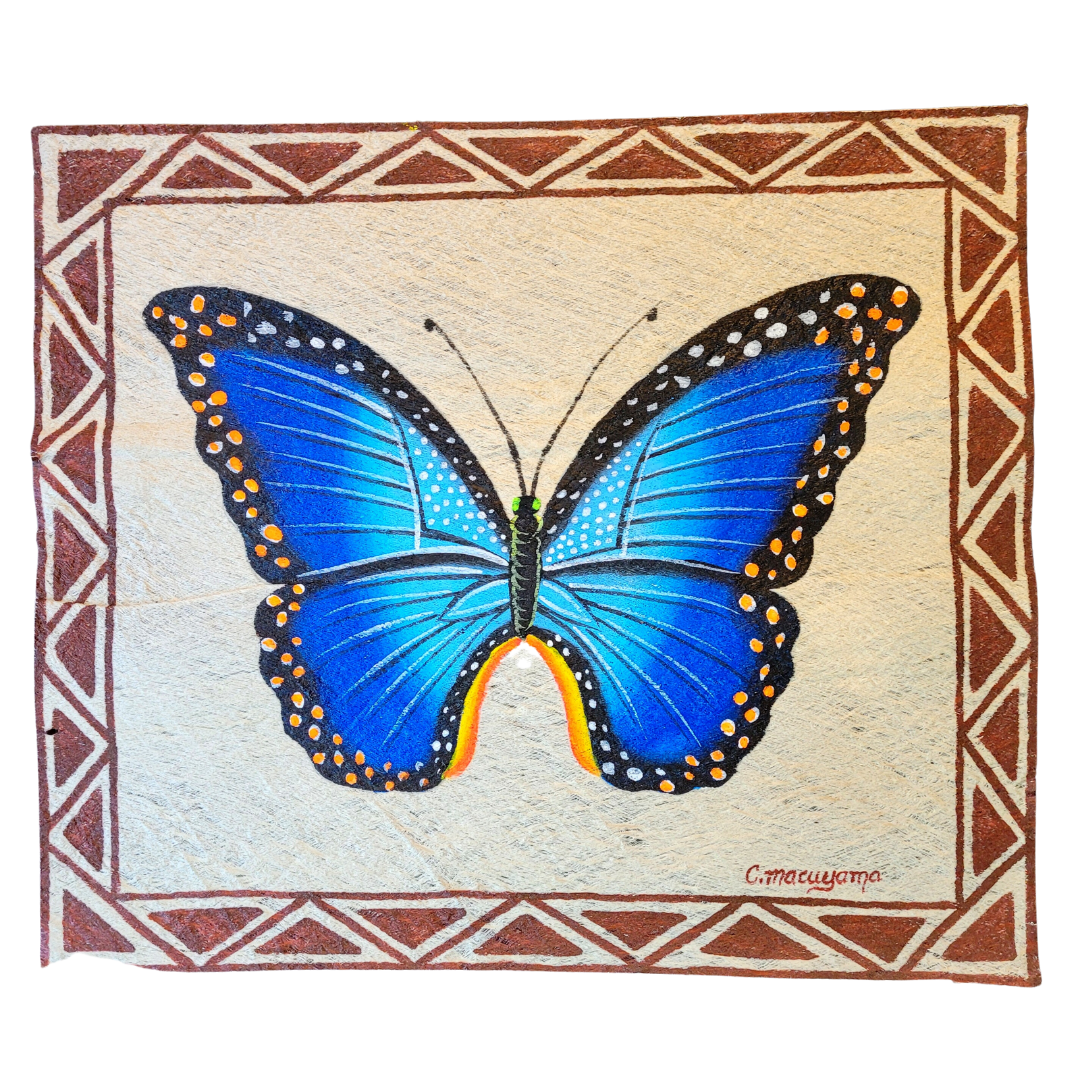 Kukama butterfly painting on llanchama tree bark canvas - Amazon Ecology