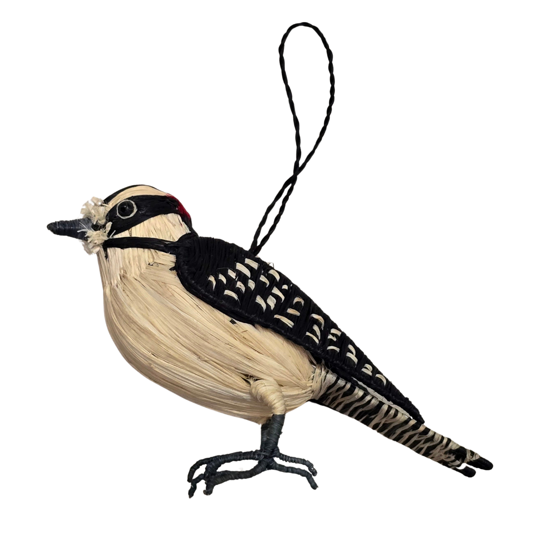 DOWNY WOODPECKER BIRD WOVEN ORNAMENT - HANDMADE BY PERUVIAN AMAZON ARTISAN - Amazon Ecology