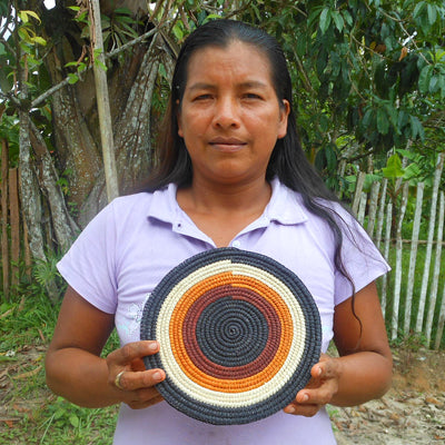 Woven hot pad (trivet) and center piece with 4 earth-tone bands - Amazon Ecology