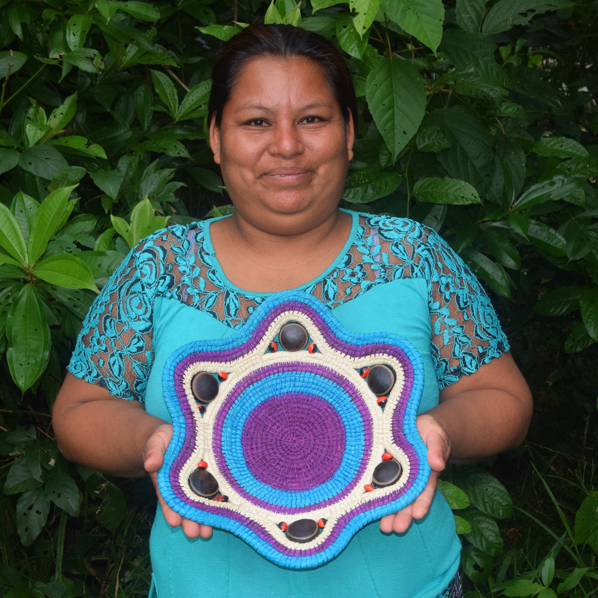 TURQUOISE VIOLET SURPRISE - HANDMADE CHAMBIRA PALM FIBER BASKET - WOVEN BY ARTISAN FROM PERUVIAN AMAZON - Amazon Ecology