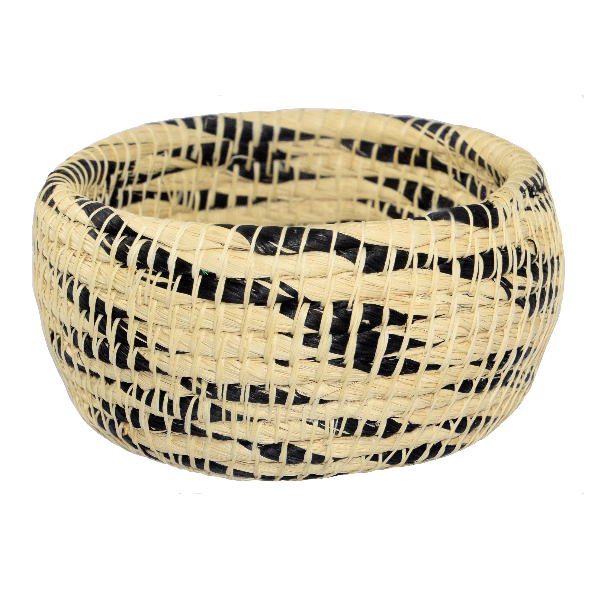 White chambira woven pots colored swirls with open top - handmade by Peruvian artisan - Amazon Ecology