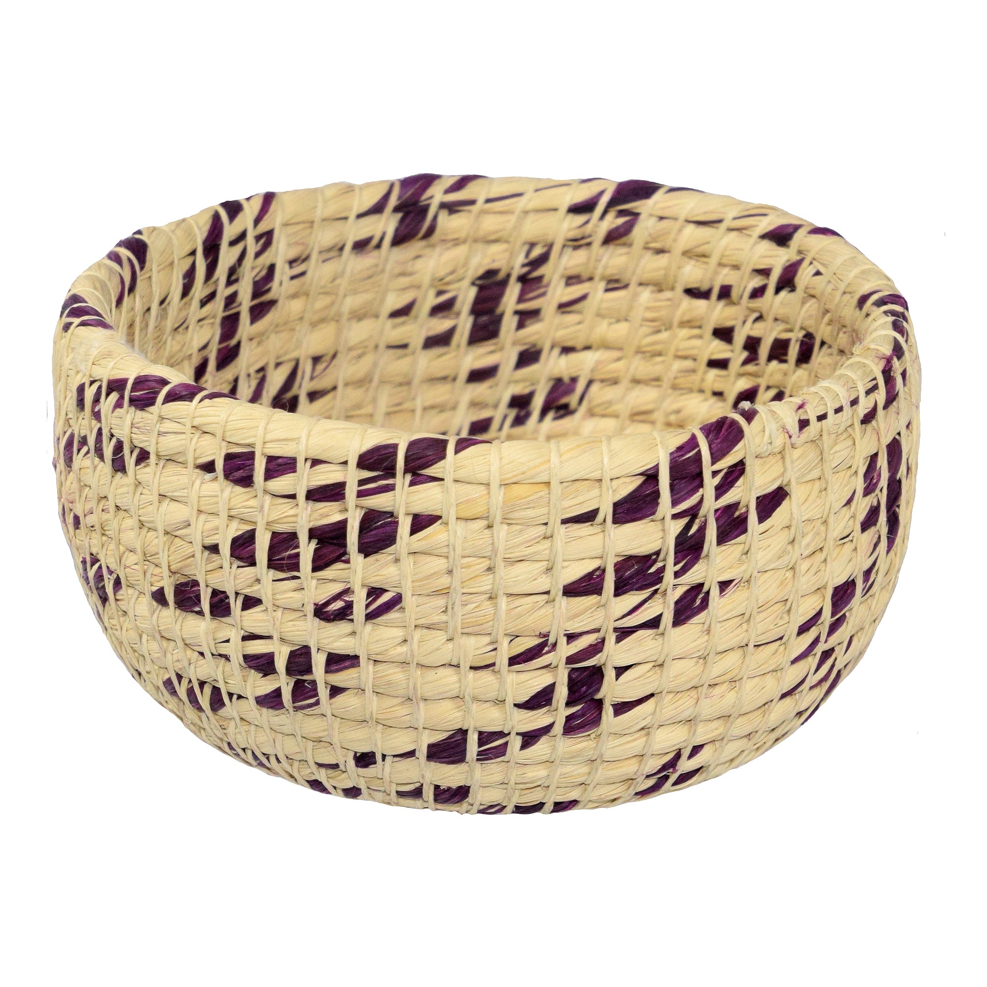 White chambira woven pots colored swirls with open top - handmade by Peruvian artisan - Amazon Ecology