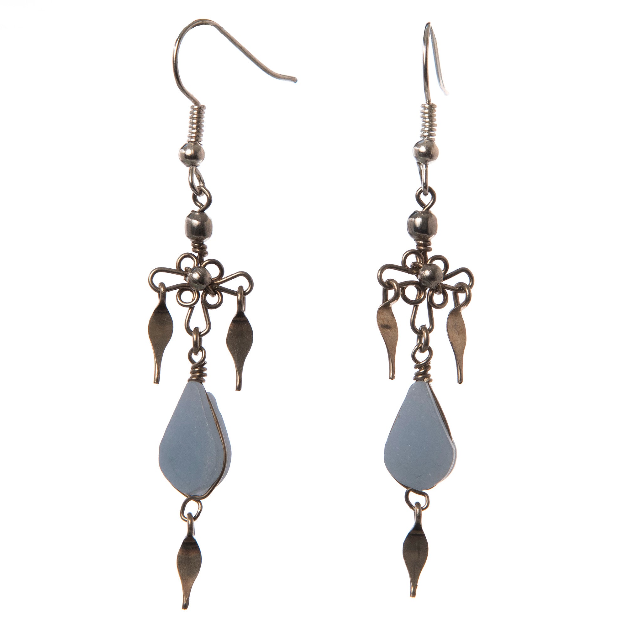 Celestine stone and silver wire earrings - made by Peruvian Amazon artisan