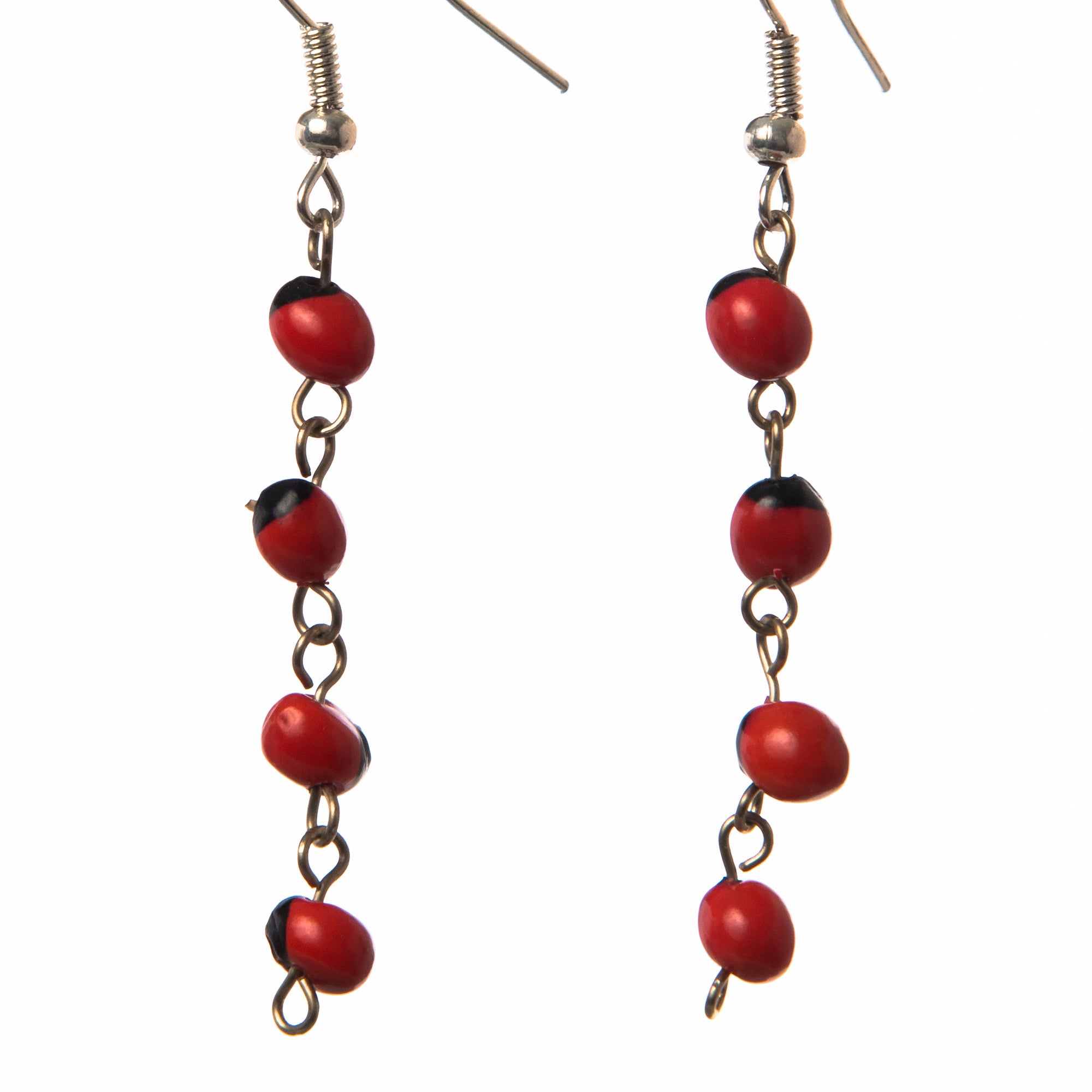 Four huayruru seed dangle earrings - made by Peruvian Amazon artisan - Amazon Ecology