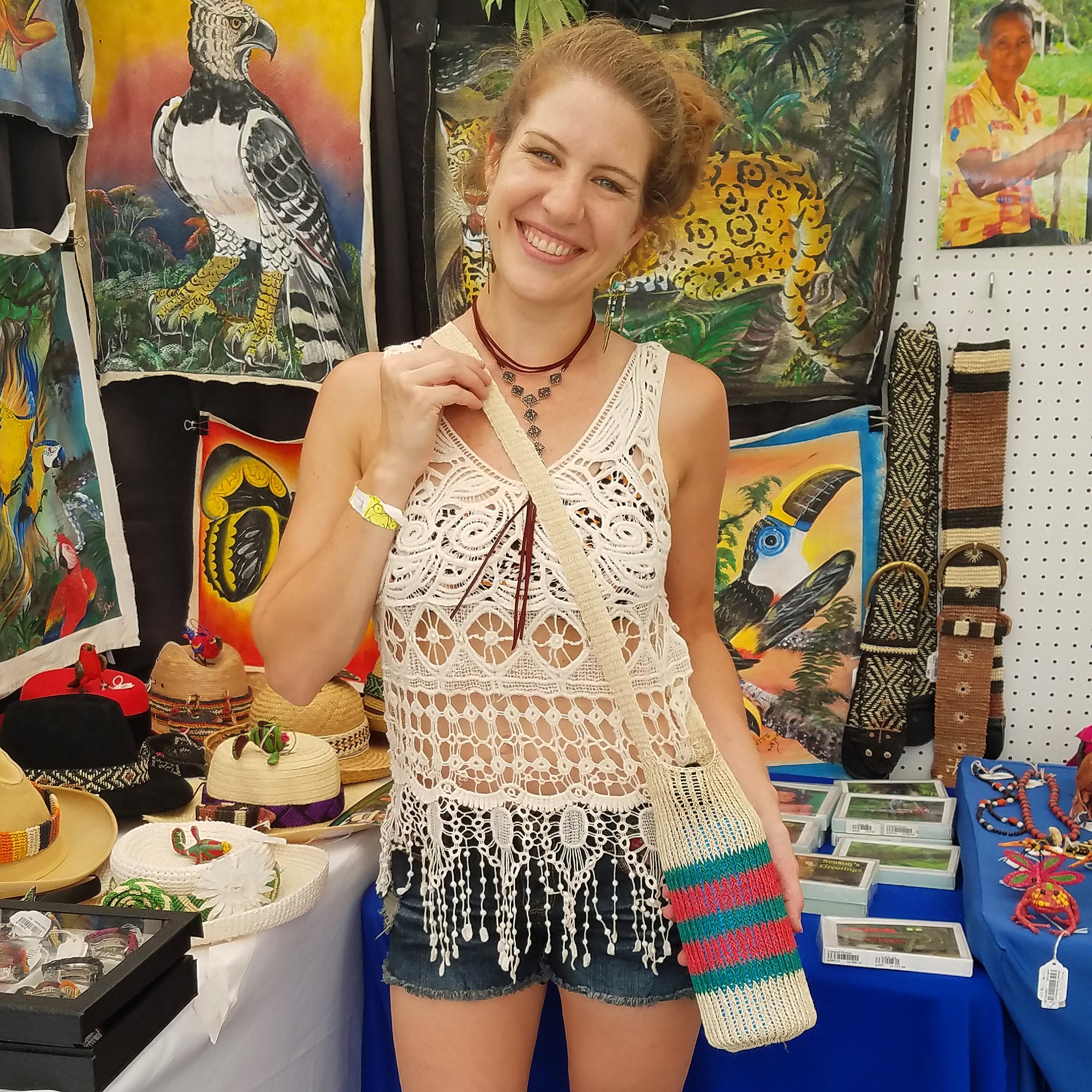 Fair-Trade Bottle Carrier/Wine Tote double green and red bands - Amazon Ecology