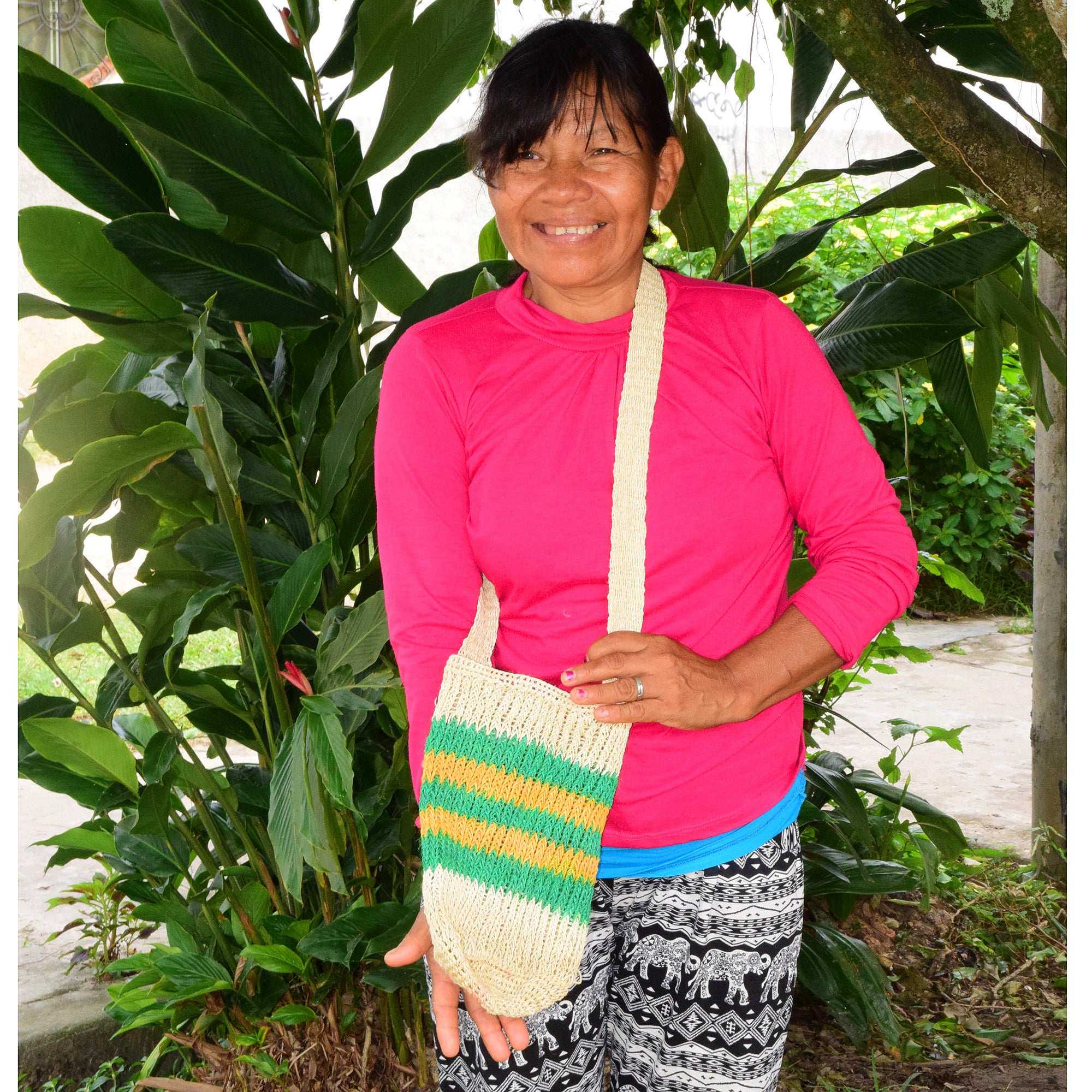 Fair-Trade Bottle Carrier/Wine Tote double green and yellow bands - Amazon Ecology