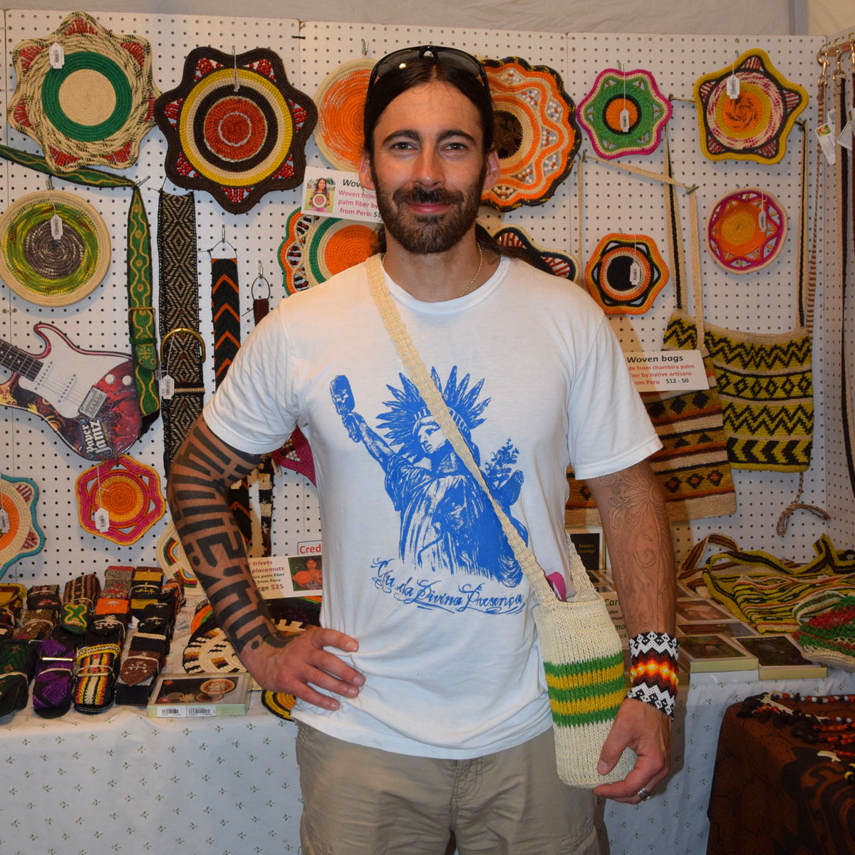 Fair-Trade Bottle Carrier/Wine Tote double green and yellow bands - Amazon Ecology