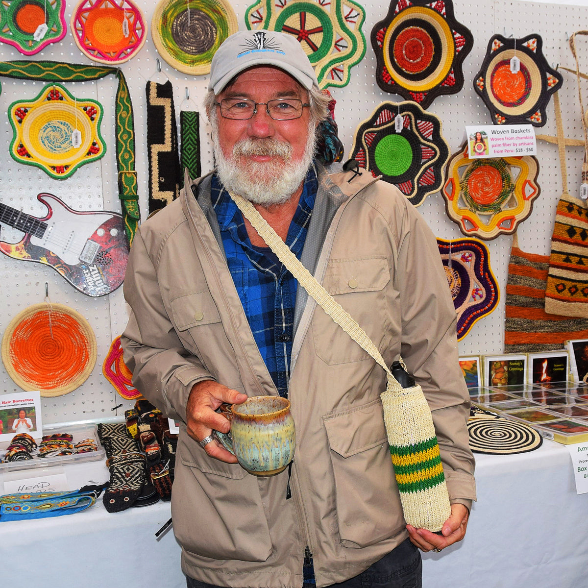 Fair-Trade Bottle Carrier/Wine Tote double green and yellow bands - Amazon Ecology