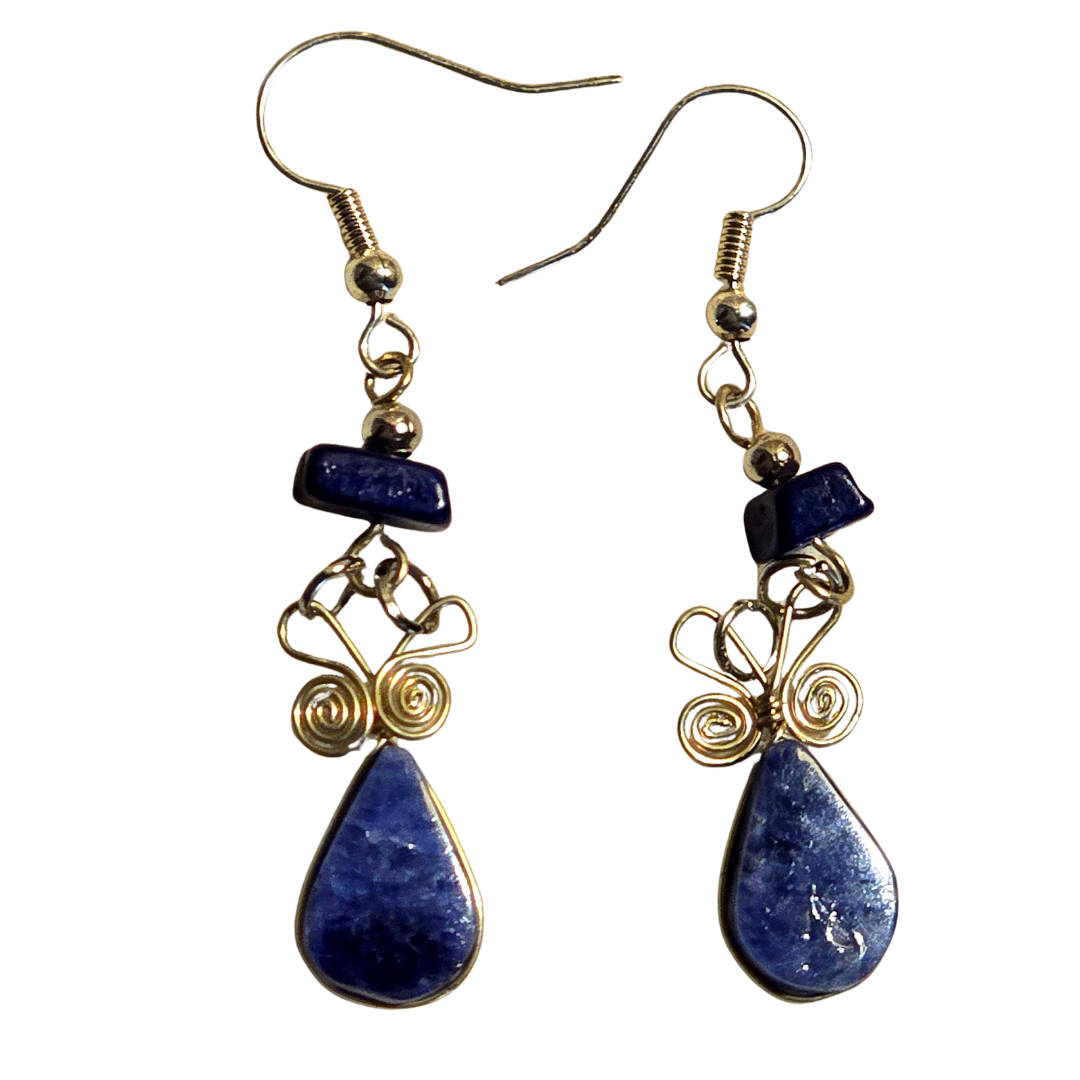 Sodalite teardrop stone and silver wire earrings - made by Peruvian Amazon artisan