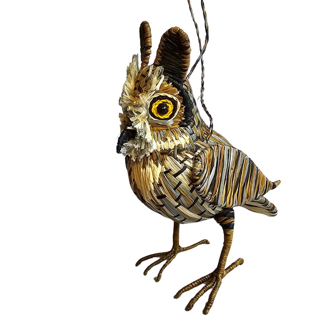 GREAT HORNED OWL BIRD FAIR -TRADE ORNAMENT AND DECORATION- WOVEN BY PERUVIAN AMAZON ARTISAN