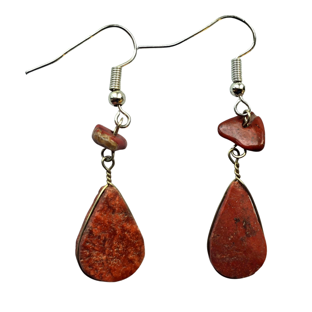 Brown Jasper teardrop stone and silver wire earrings - Made by Peruvian Amazon Artisan