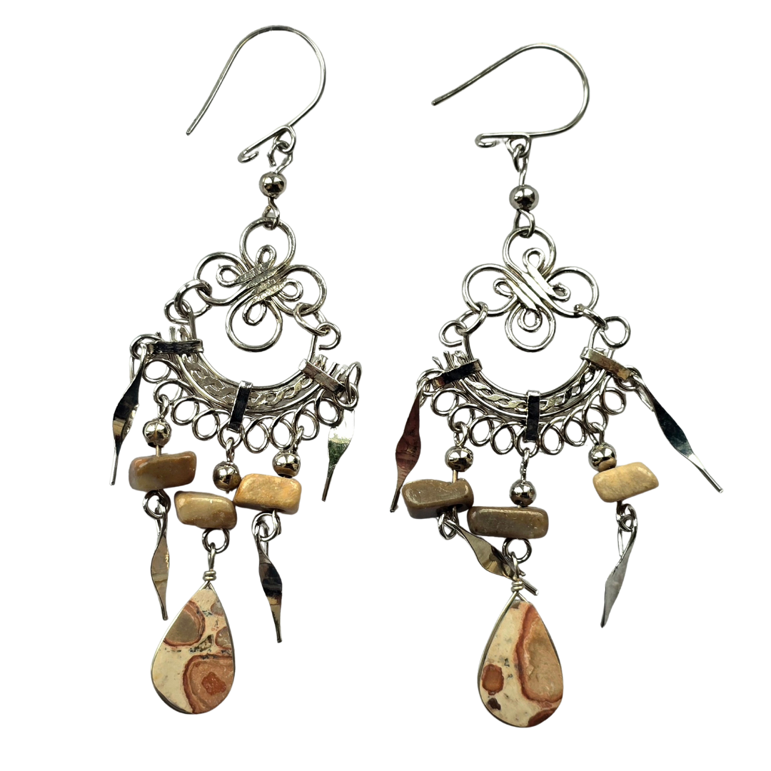 Leopard Jasper teardrop stone and silver wire earrings - from the Peruvian Amazon - Amazon Ecology