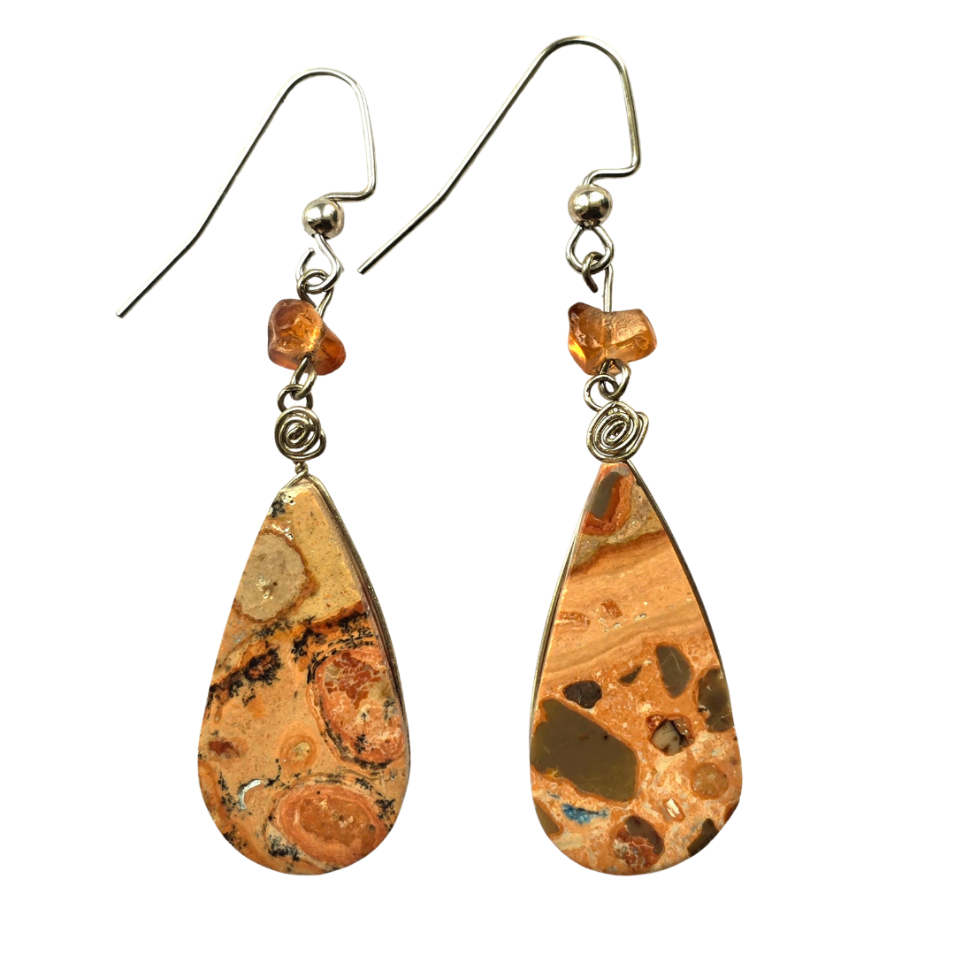 Leopard Jasper teardrop stone and silver wire earrings - from the Peruvian Amazon - Amazon Ecology