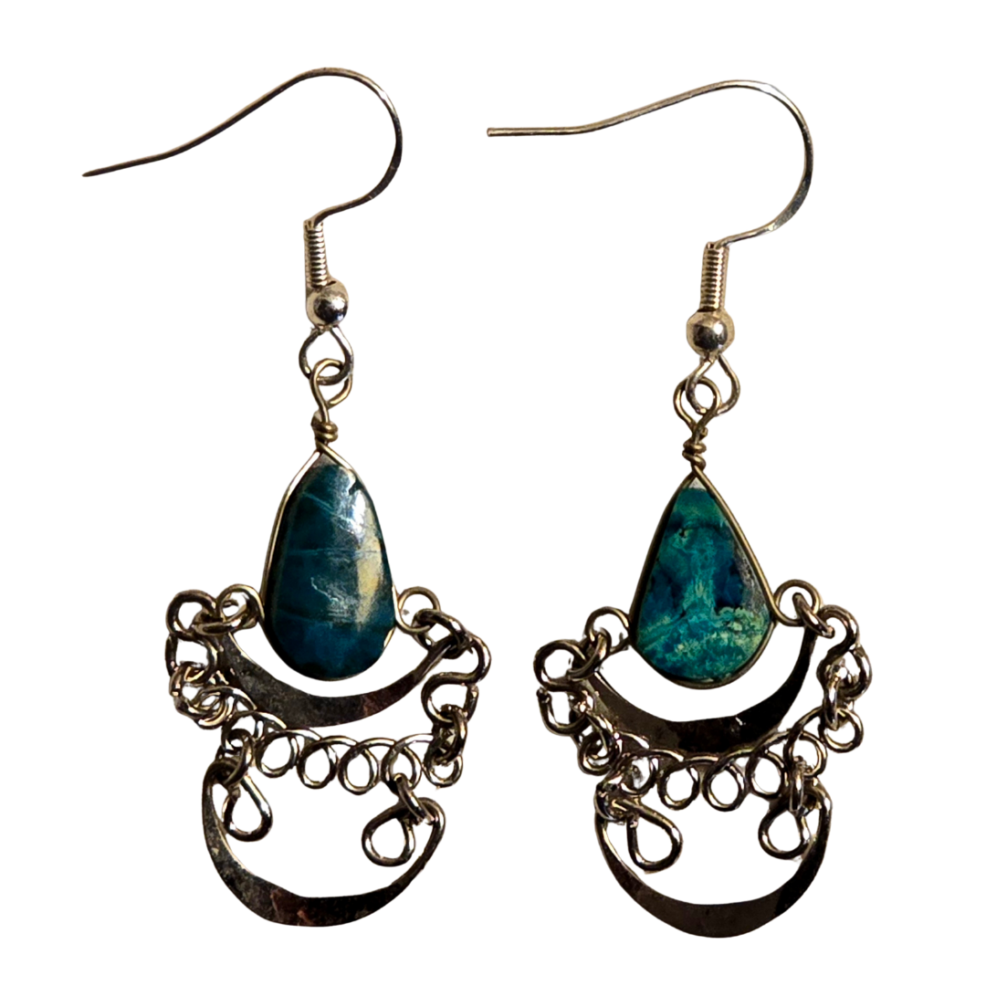 Peruvian turquoise teardrop stone and silver wire earrings - made by Peruvian Amazon artisan