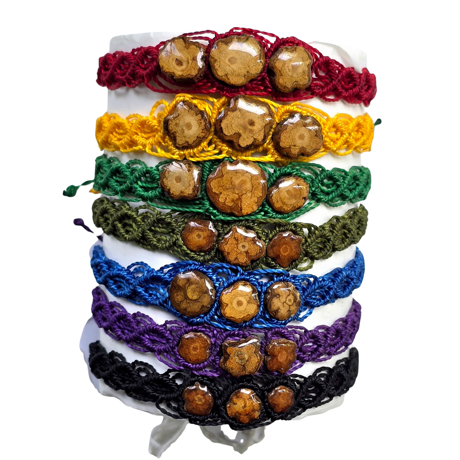 Macrame bracelet with 3 pieces of ayahuasca - made by Peruvian Amazon artisan - Amazon Ecology