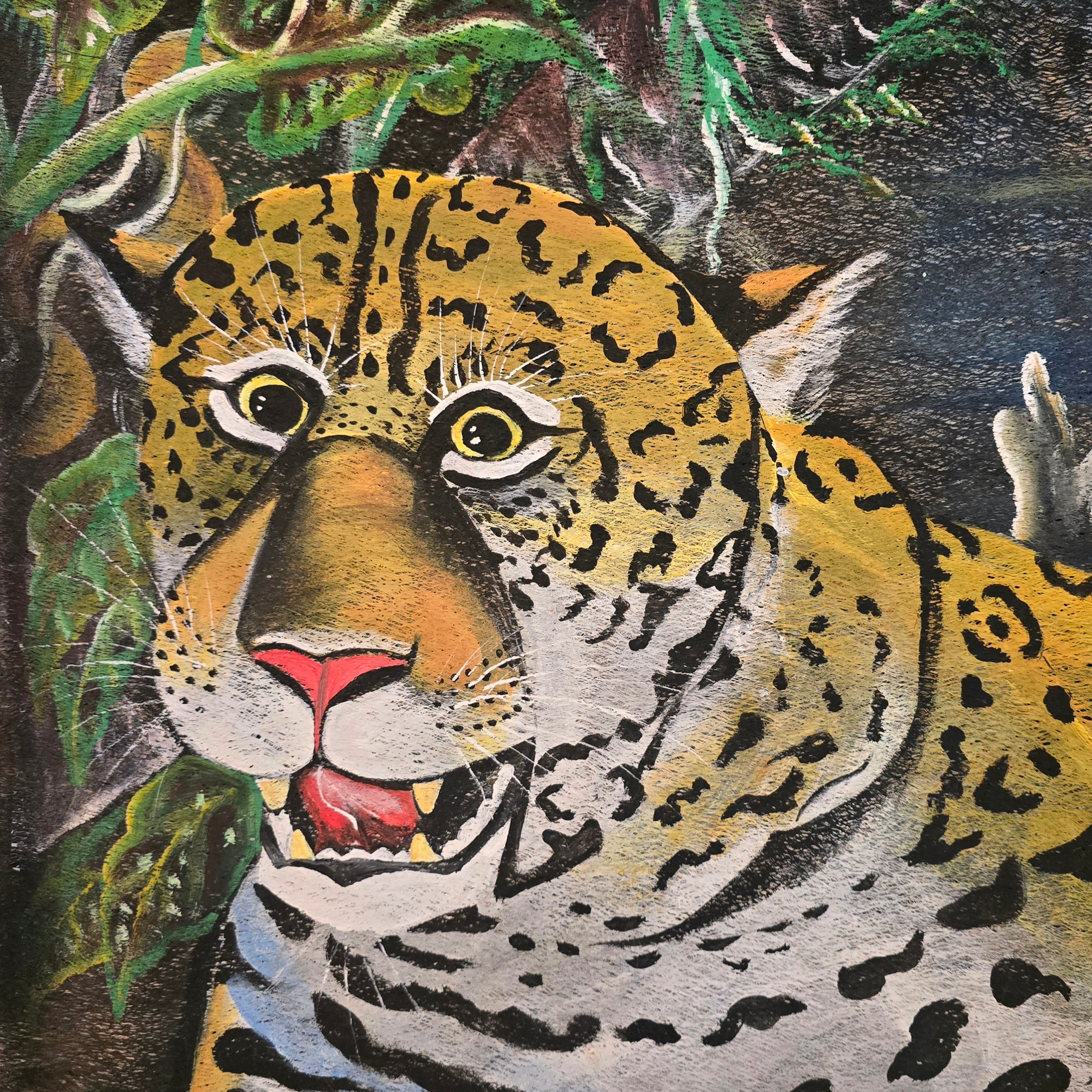 Jaguar paintings on llanchama tree bark canvas by indigenous Huitoto artisans from the Peruvian Amazon