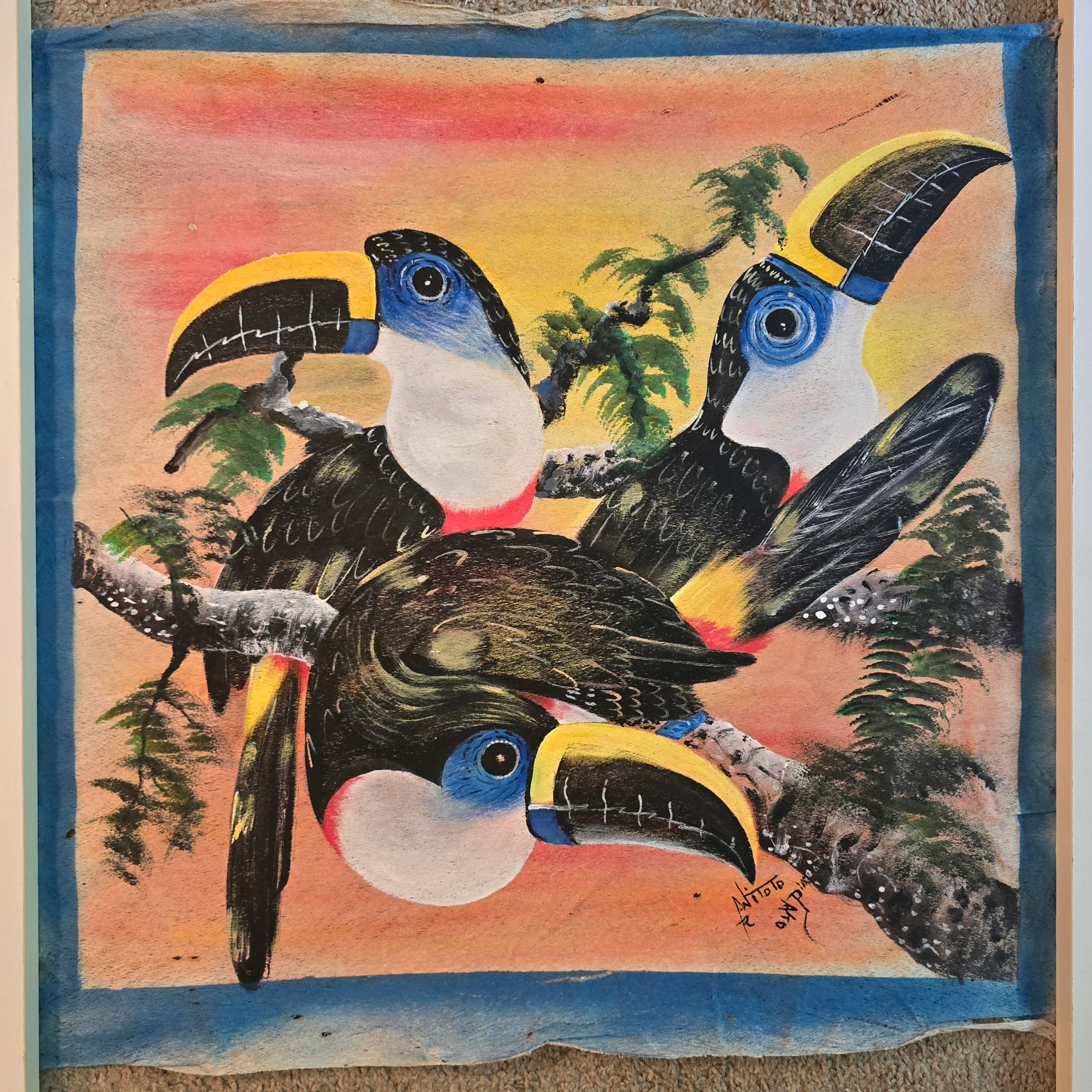Toucan painting on llanchama tree bark canvas by indigenous Huitoto artisans from the Peruvian Amazon (Copy)