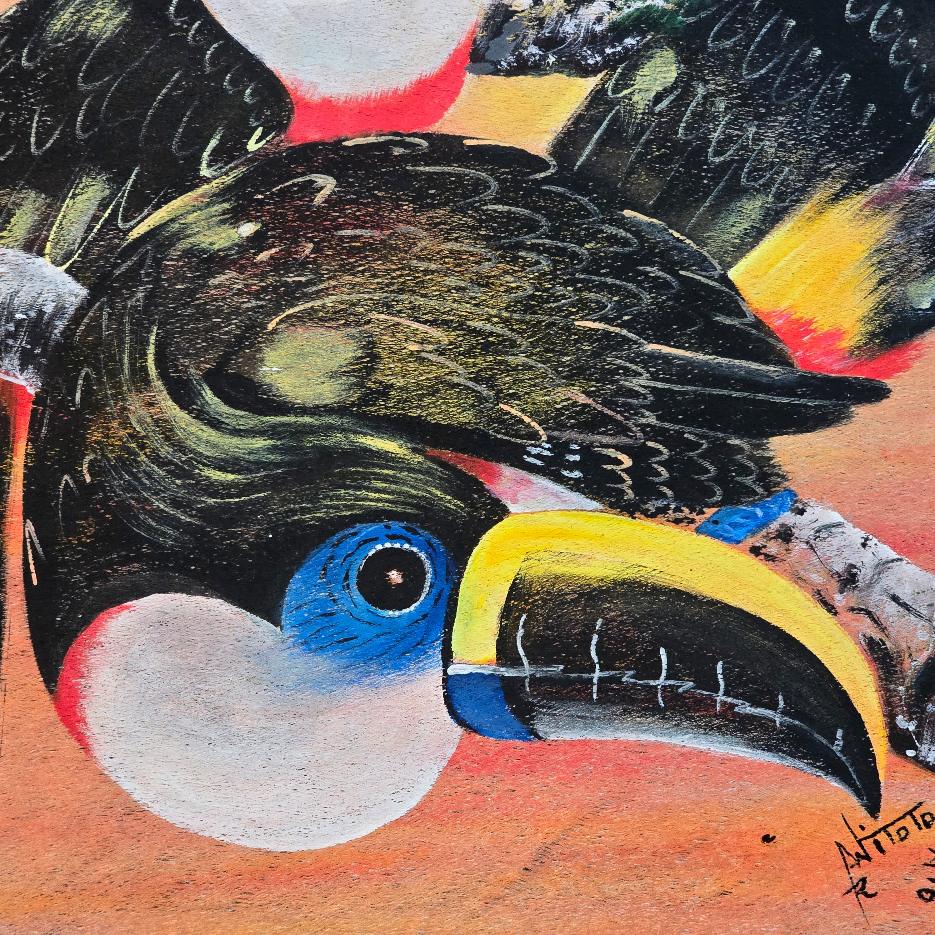 Toucan painting on llanchama tree bark canvas by indigenous Huitoto artisans from the Peruvian Amazon (Copy)