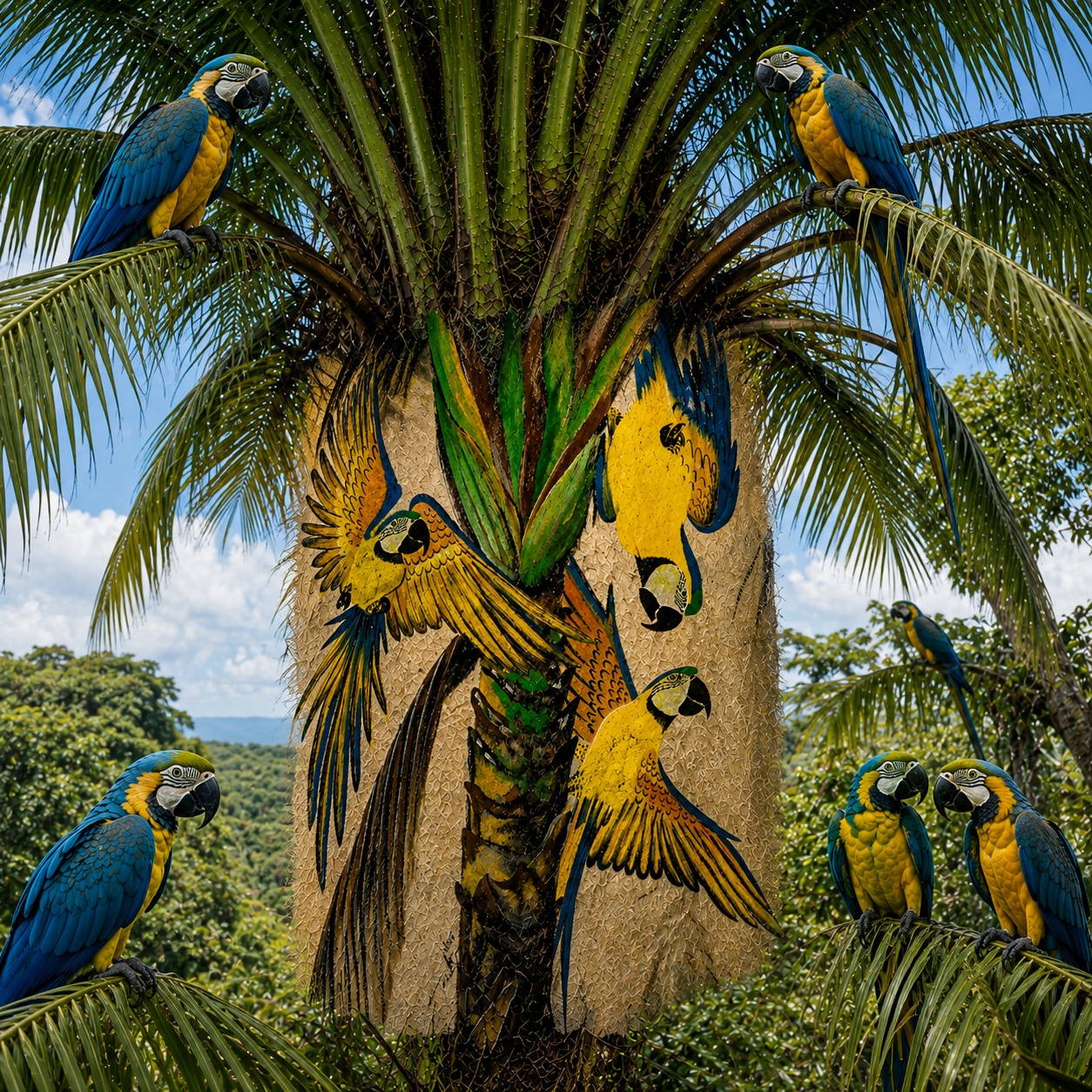 Blue and gold macaw painting on llanchama tree bark canvas by indigenous Huitoto artisans from the Peruvian Amazon (Copy) (Copy) (Copy)