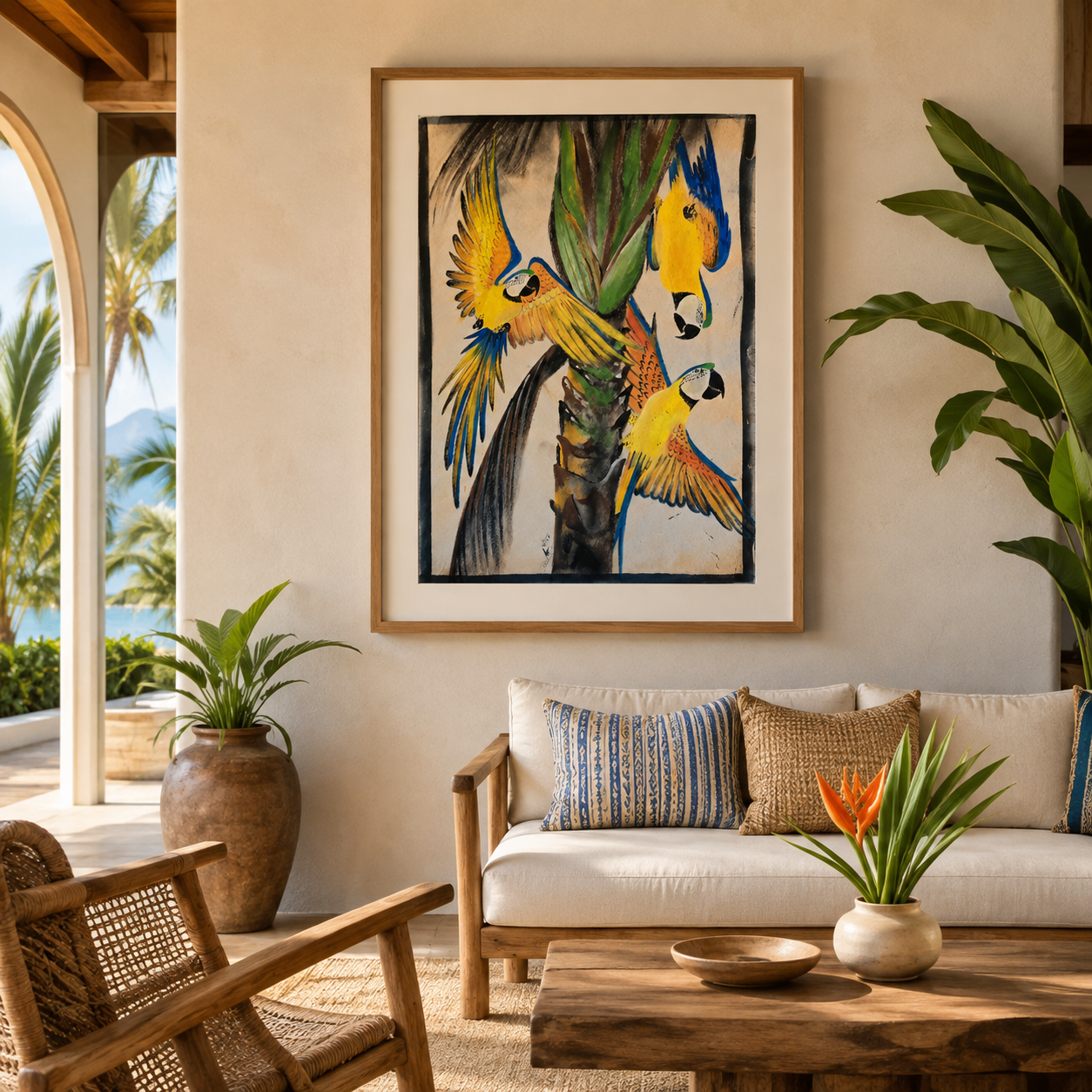 Blue and gold macaw painting on llanchama tree bark canvas by indigenous Huitoto artisans from the Peruvian Amazon (Copy) (Copy) (Copy)