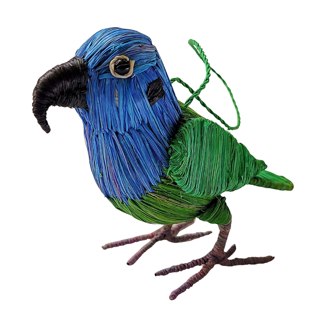 BLUE-HEADED PARROT BIRD - FAIR-TRADE CHRISTMAS TREE ORNAMENT - WOVEN BY PERUVIAN AMAZON ARTISAN