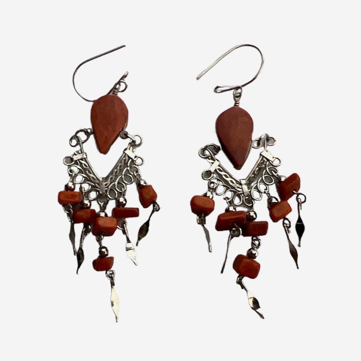 Dangly Silver Wire and Red Jasper Earrings - Made by Peruvian Amazon Artisan