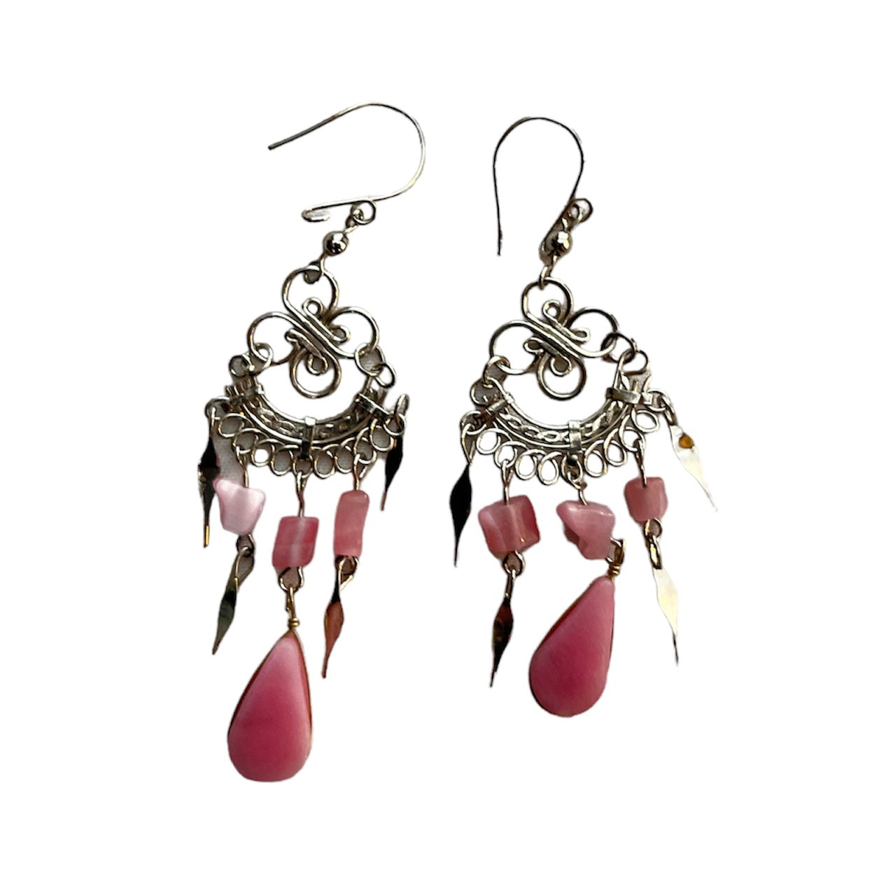 Dangly Silver Wire and Pink Quartz Earrings - Made by Peruvian Amazon Artisan