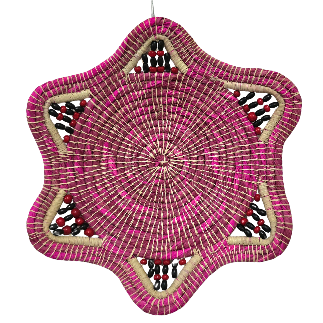 Raspberry and cherry fair-trade chambira basket from the Peruvian Amazon