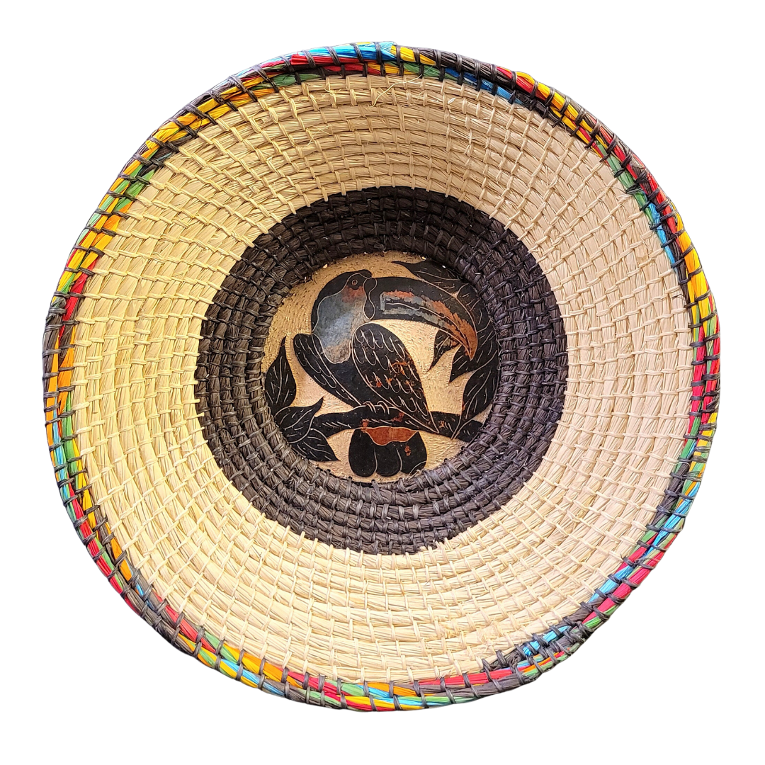 CHAMBIRA BASKET WITH WILDLIIFE CARVING ON CALABASH CENTER - MADE BY PERUVIAN AMAZON ARTISAN