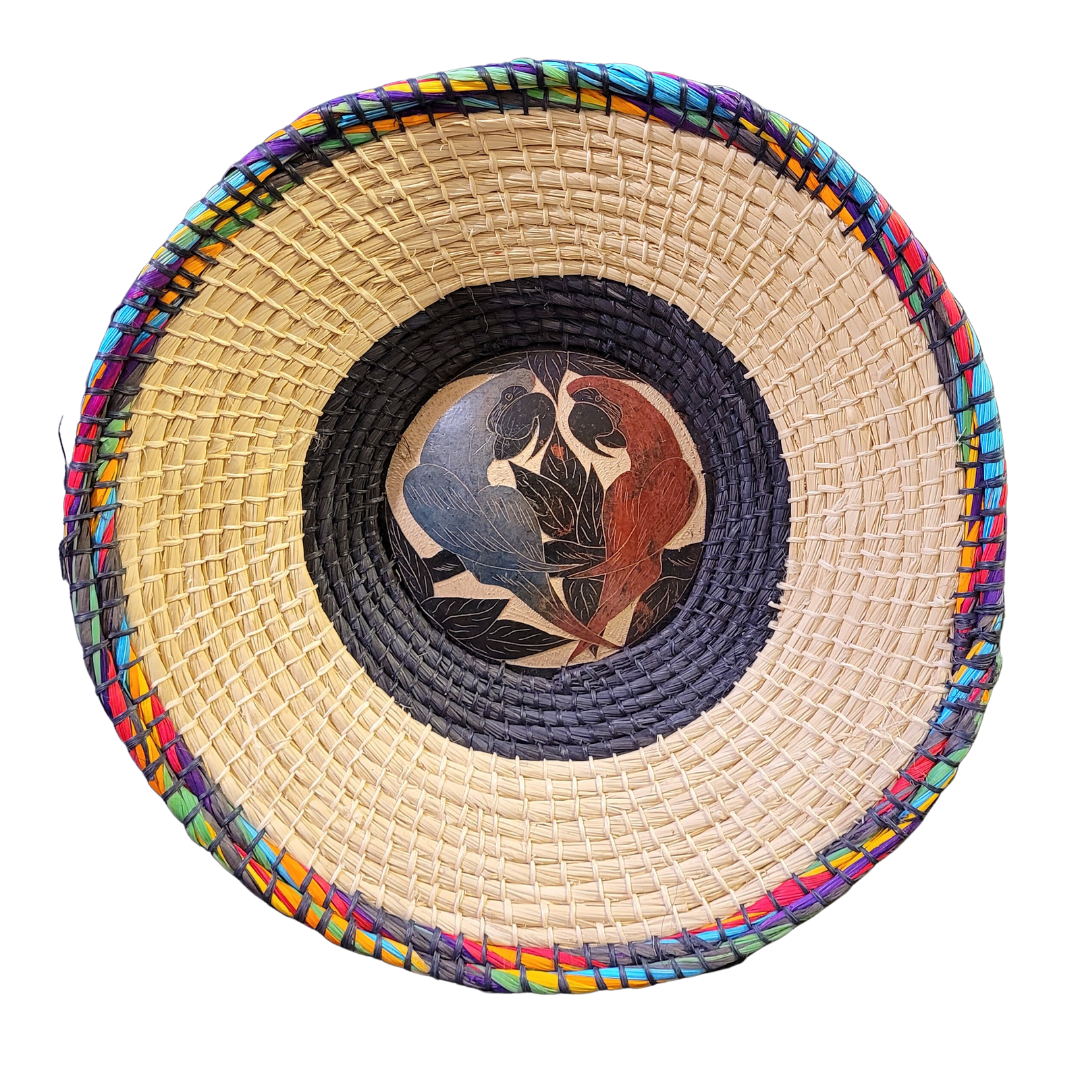 CHAMBIRA BASKET WITH WILDLIIFE CARVING ON CALABASH CENTER - MADE BY PERUVIAN AMAZON ARTISAN