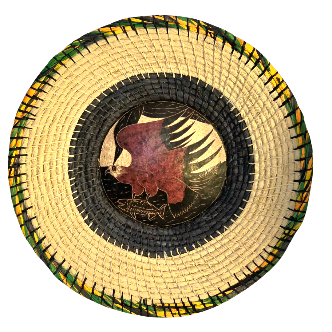 CHAMBIRA BASKET WITH WILDLIIFE CARVING ON CALABASH CENTER - MADE BY PERUVIAN AMAZON ARTISAN